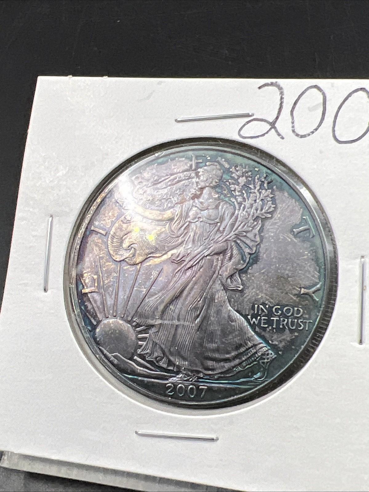 2007 1 OZ American Silver Eagle Choice BU UNC PQ * BLUE Original Toning #B