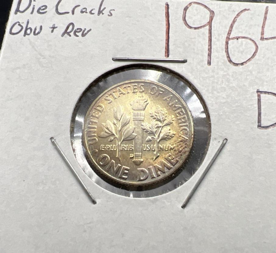 1964 D 10c Roosevelt Silver Dime BU Coin Die Cracks Obverse Variety + Toner