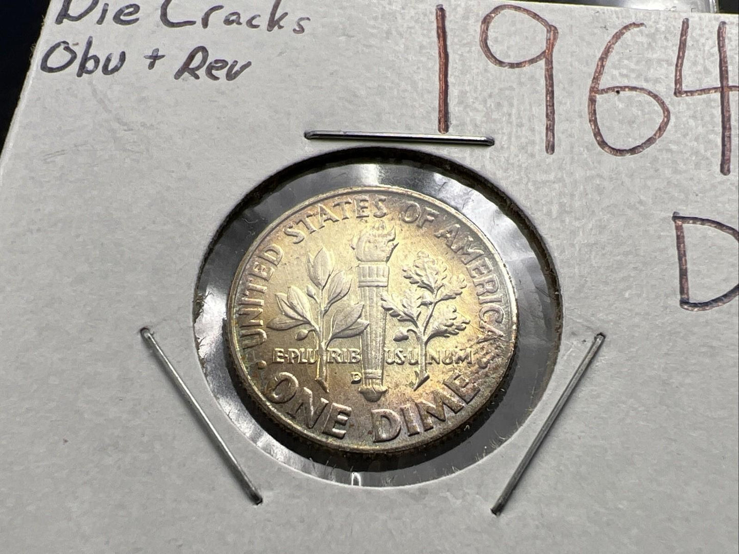 1964 D 10c Roosevelt Silver Dime BU Coin Die Cracks Obverse Variety + Toner