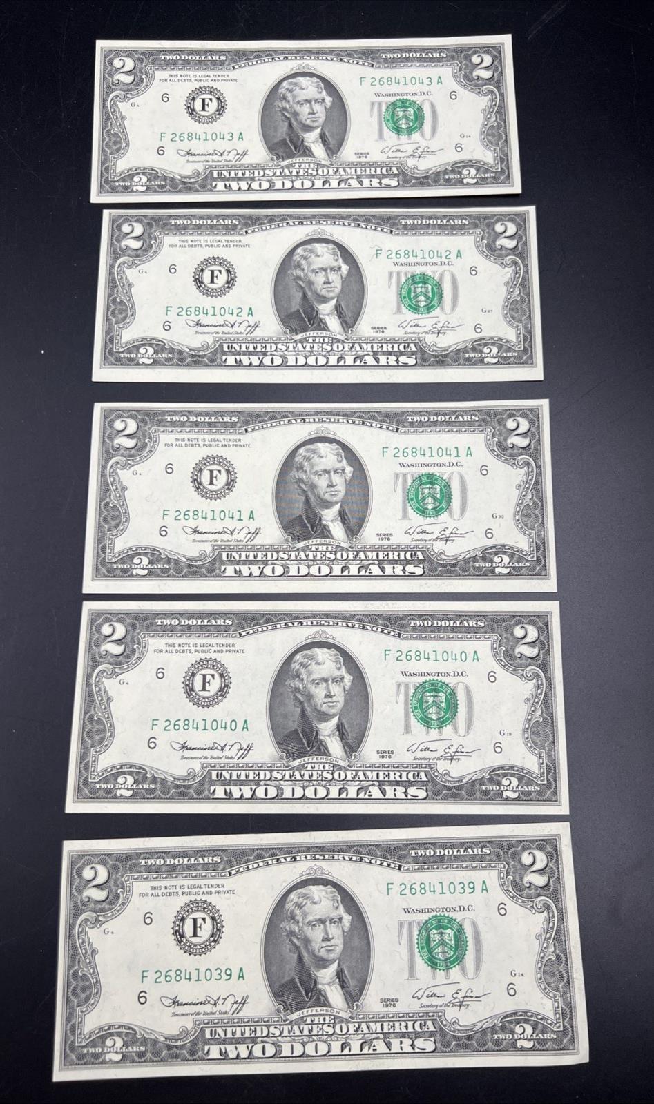 5 Consecutive 1976 $2 FRN Bicentennial Two Dollar Bills Choice UNC #039