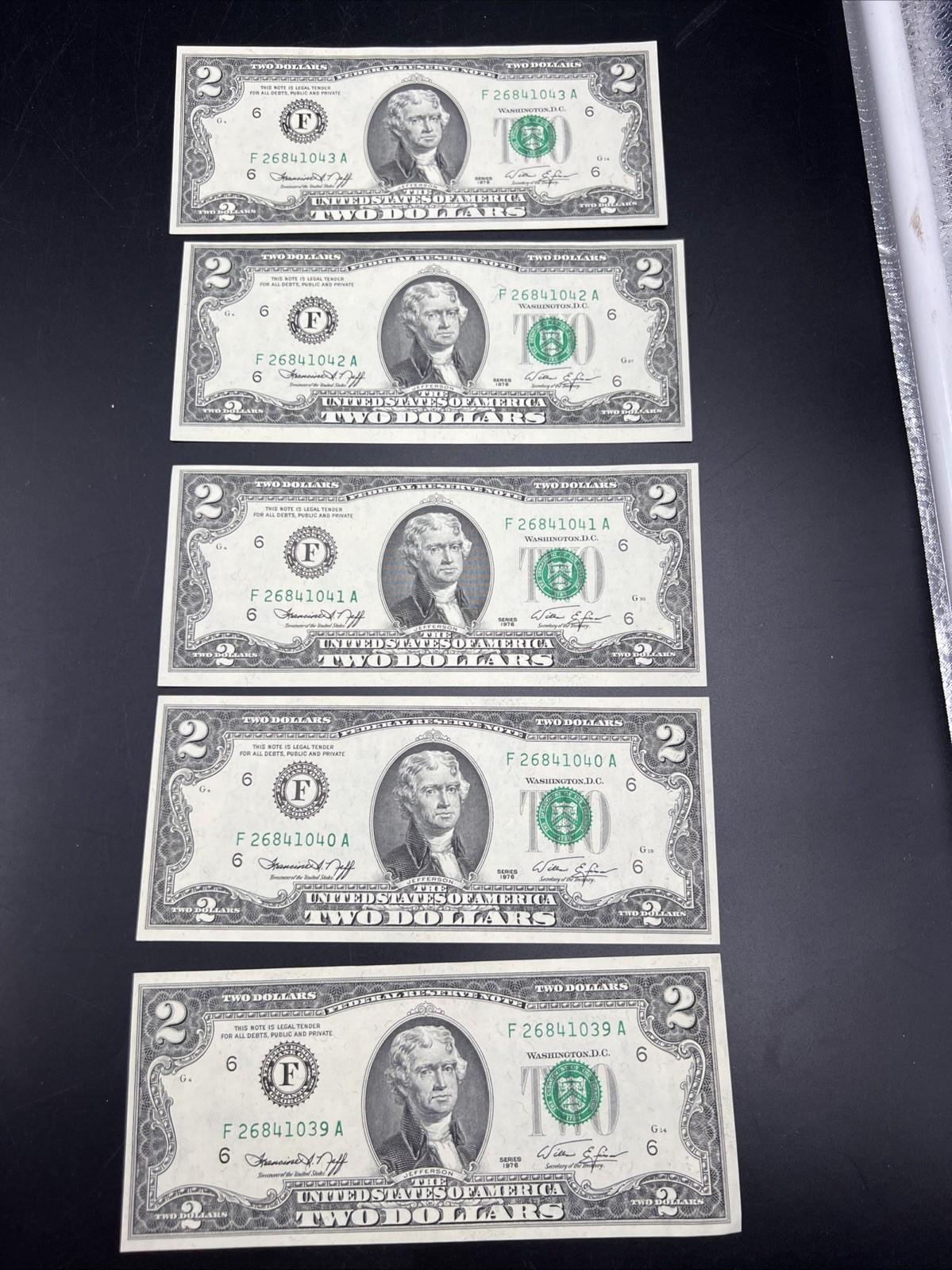 5 Consecutive 1976 $2 FRN Bicentennial Two Dollar Bills Choice UNC #039