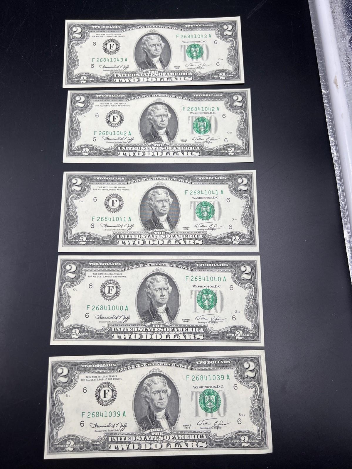 5 Consecutive 1976 $2 FRN Bicentennial Two Dollar Bills Choice UNC #039