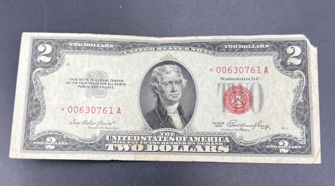 1953 * Star A $2 USN United States Note Red Seal Fine Details Corner Tear #61A