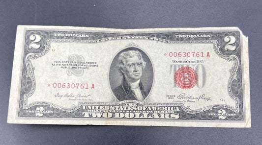 1953 * Star A $2 USN United States Note Red Seal Fine Details Corner Tear #61A