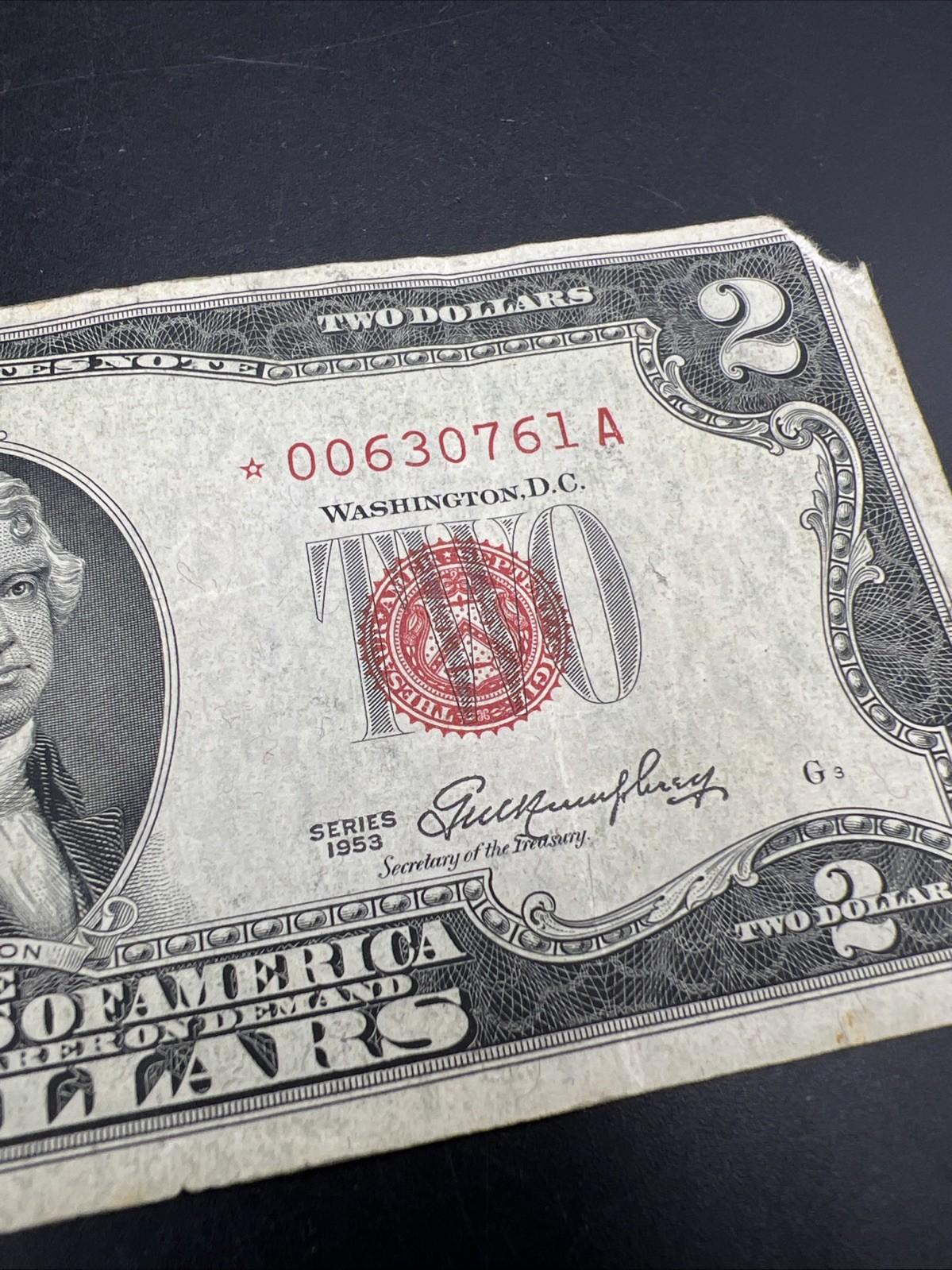 1953 * Star A $2 USN United States Note Red Seal Fine Details Corner Tear #61A