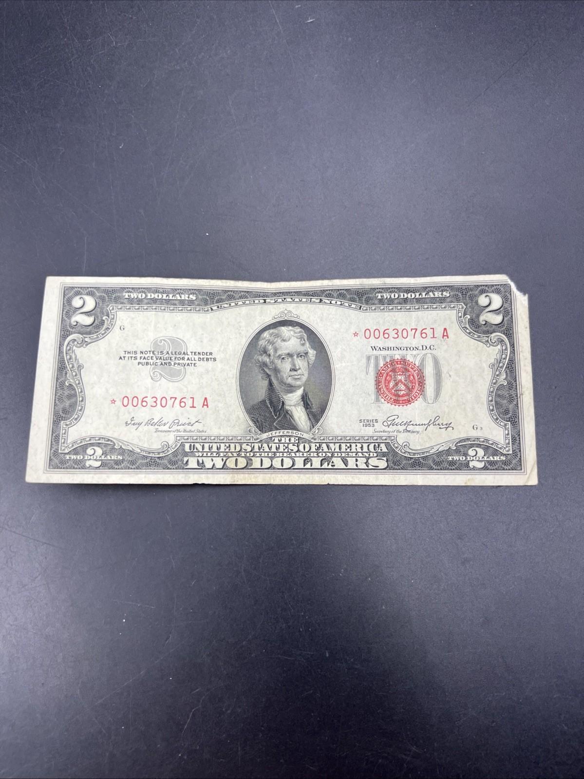 1953 * Star A $2 USN United States Note Red Seal Fine Details Corner Tear #61A