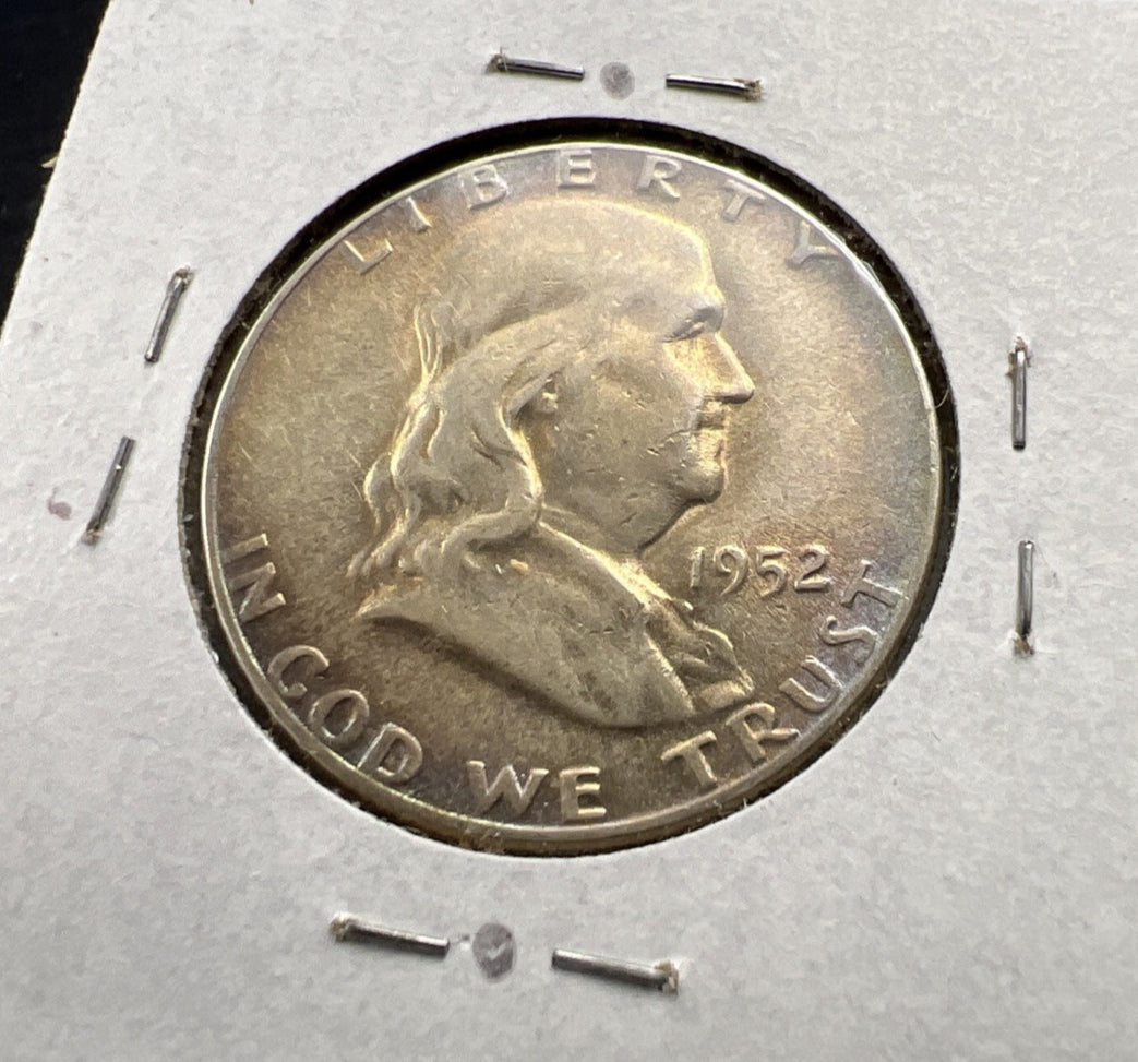 1952 P Franklin Half Dollar Silver Coin Circ Nice Toning Toner Rainbow Rev SKU#A