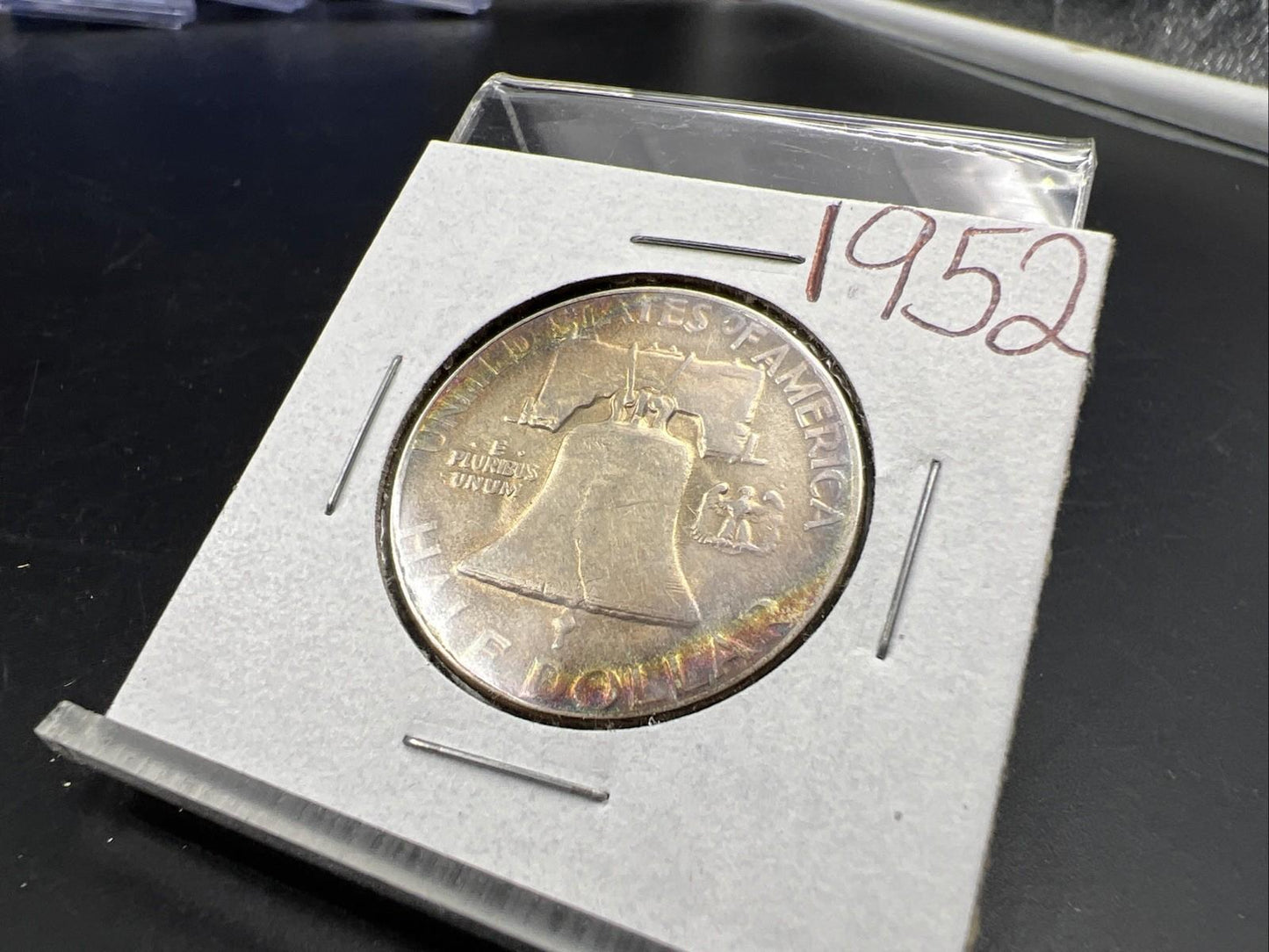 1952 P Franklin Half Dollar Silver Coin Circ Nice Toning Toner Rainbow Rev SKU#A