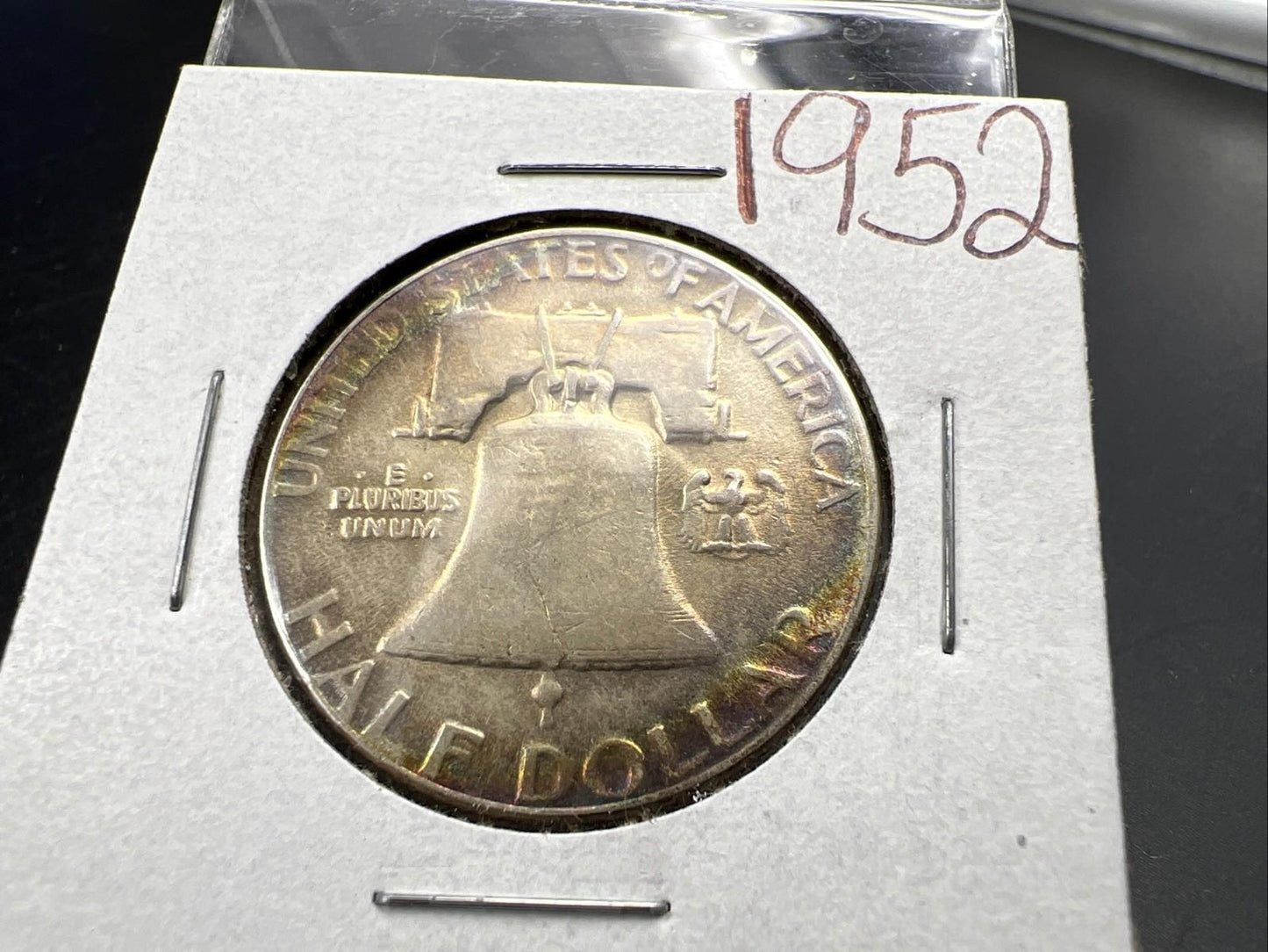 1952 P Franklin Half Dollar Silver Coin Circ Nice Toning Toner Rainbow Rev SKU#A