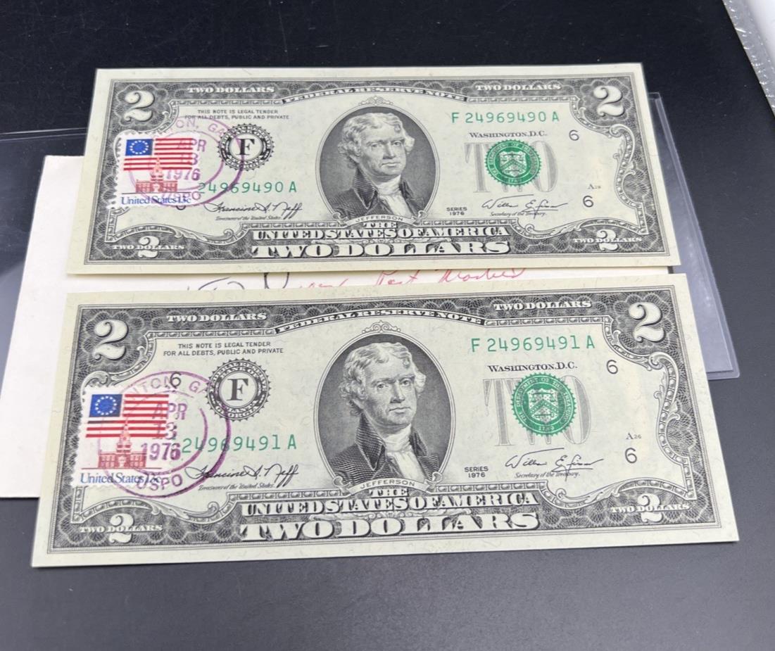 2 Consecutive 1976 $2 Bicentennial Canton GA Postal FRN Federal Reserve Notes UN