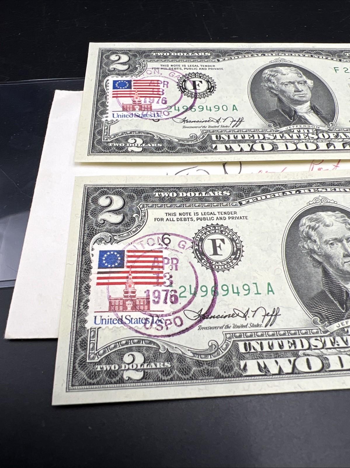 2 Consecutive 1976 $2 Bicentennial Canton GA Postal FRN Federal Reserve Notes UN
