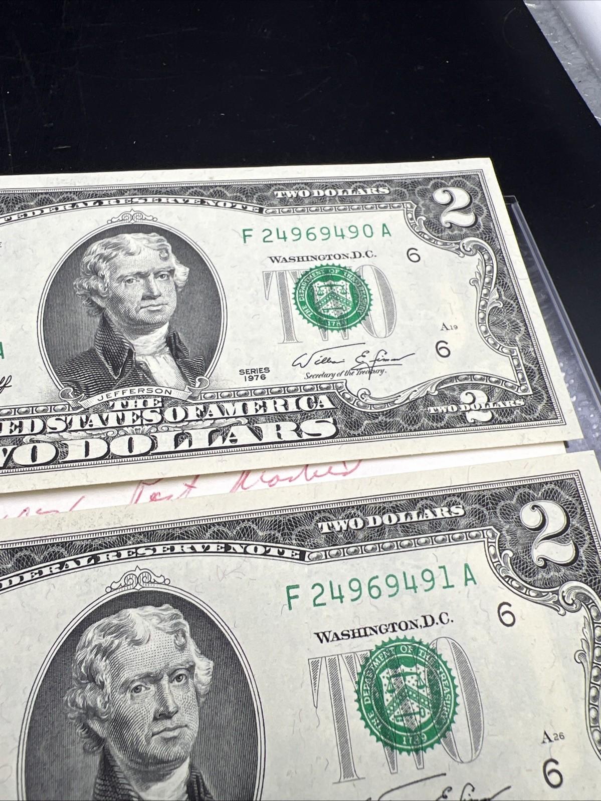 2 Consecutive 1976 $2 Bicentennial Canton GA Postal FRN Federal Reserve Notes UN