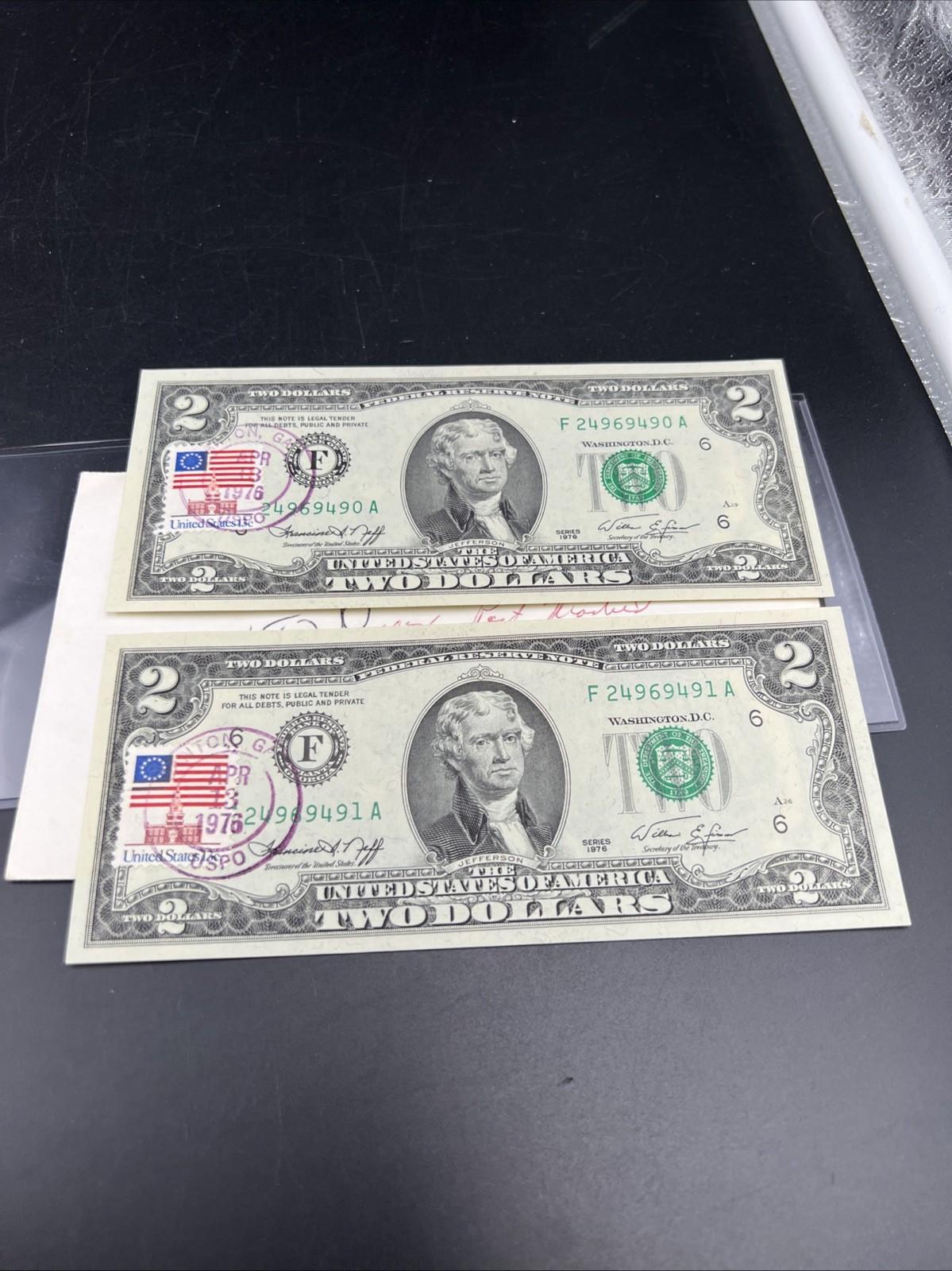 2 Consecutive 1976 $2 Bicentennial Canton GA Postal FRN Federal Reserve Notes UN