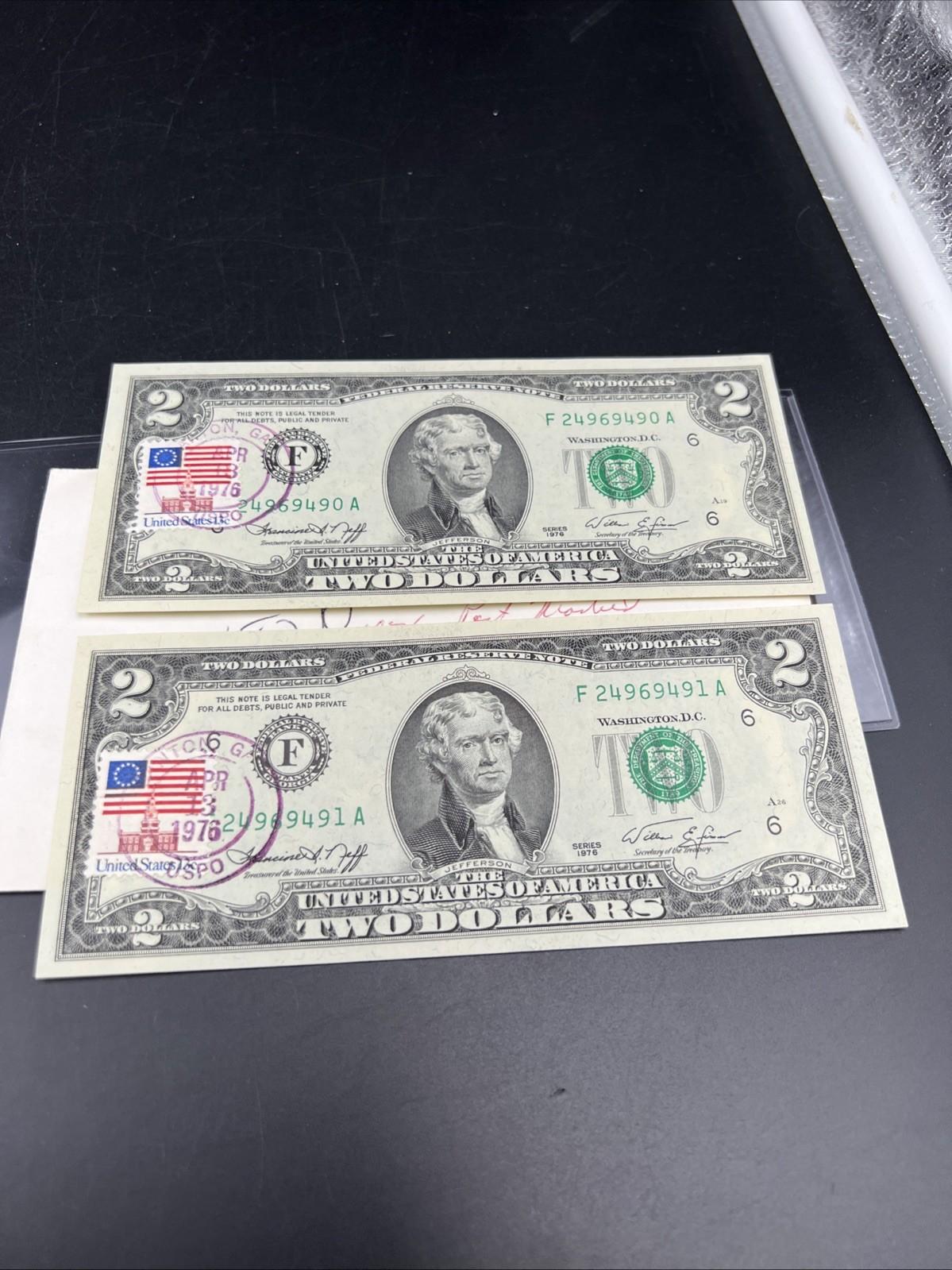 2 Consecutive 1976 $2 Bicentennial Canton GA Postal FRN Federal Reserve Notes UN