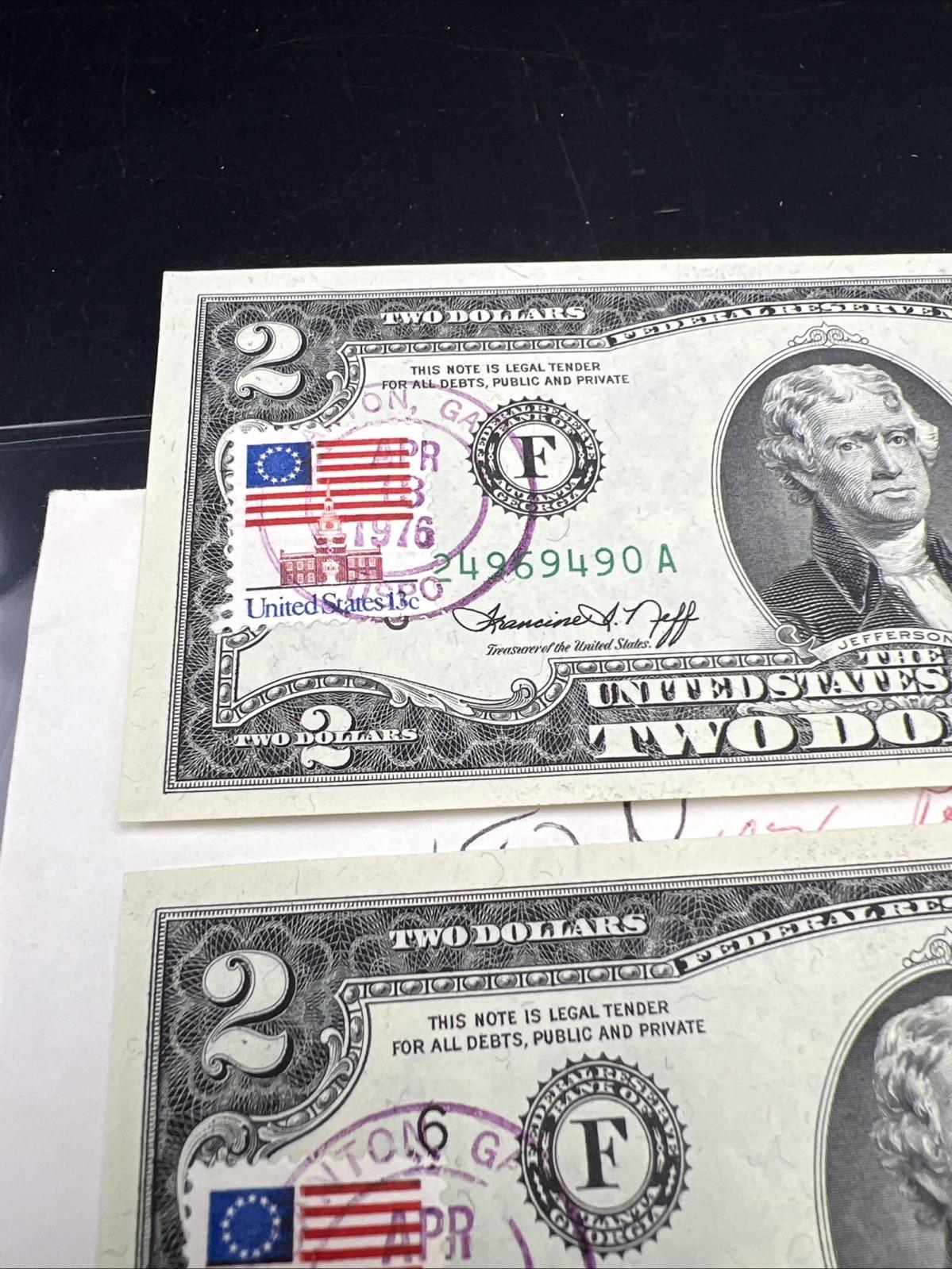 2 Consecutive 1976 $2 Bicentennial Canton GA Postal FRN Federal Reserve Notes UN