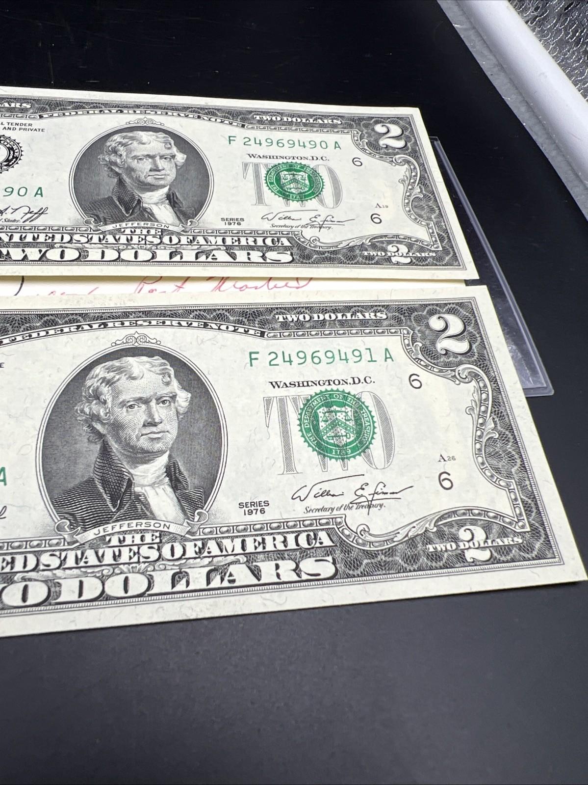 2 Consecutive 1976 $2 Bicentennial Canton GA Postal FRN Federal Reserve Notes UN