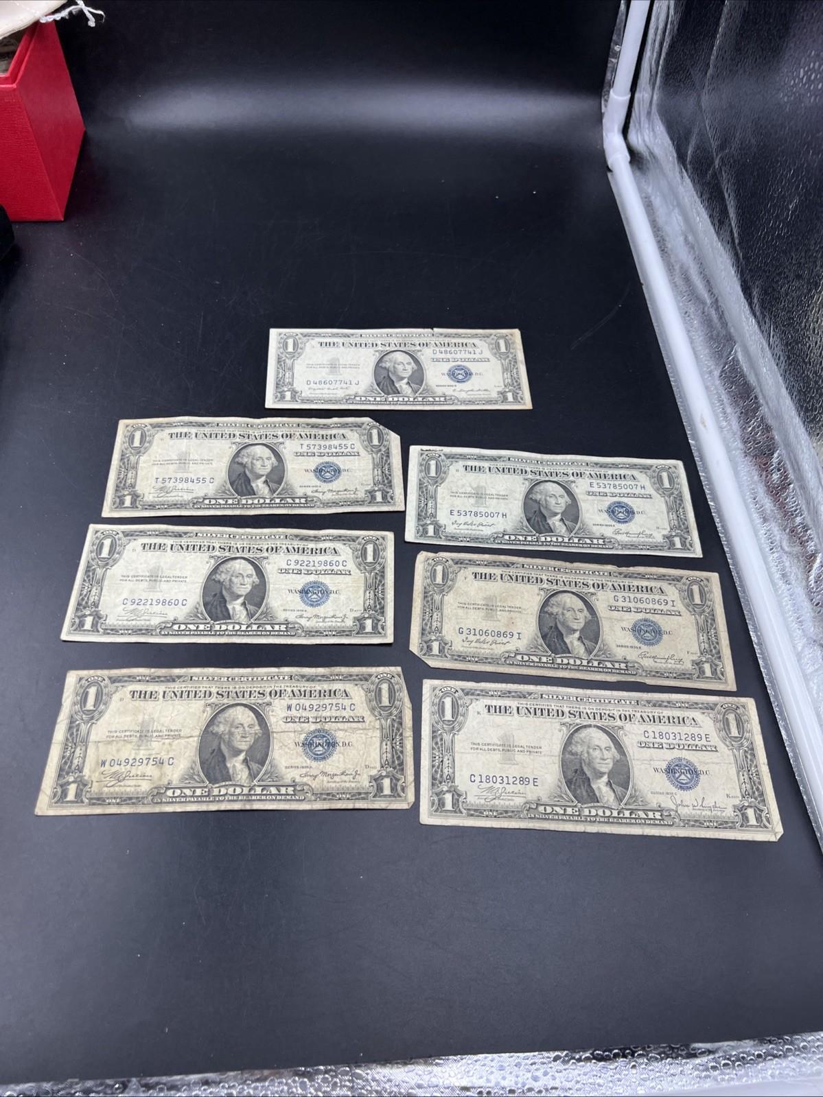 Lot of 7 1935 $1 One Dollar Blue Seal Silver Certificates Very Circ Some Tears #