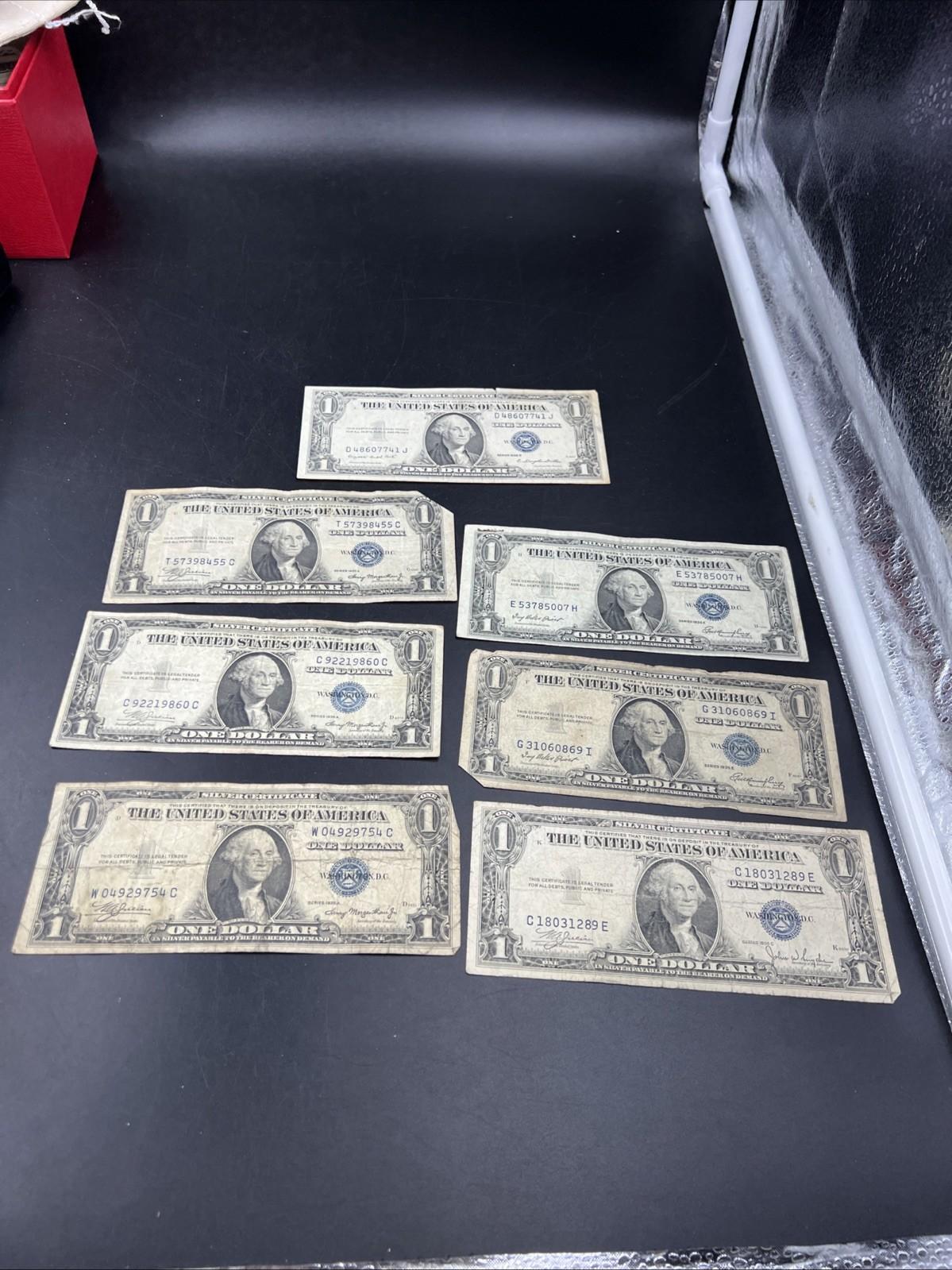 Lot of 7 1935 $1 One Dollar Blue Seal Silver Certificates Very Circ Some Tears #