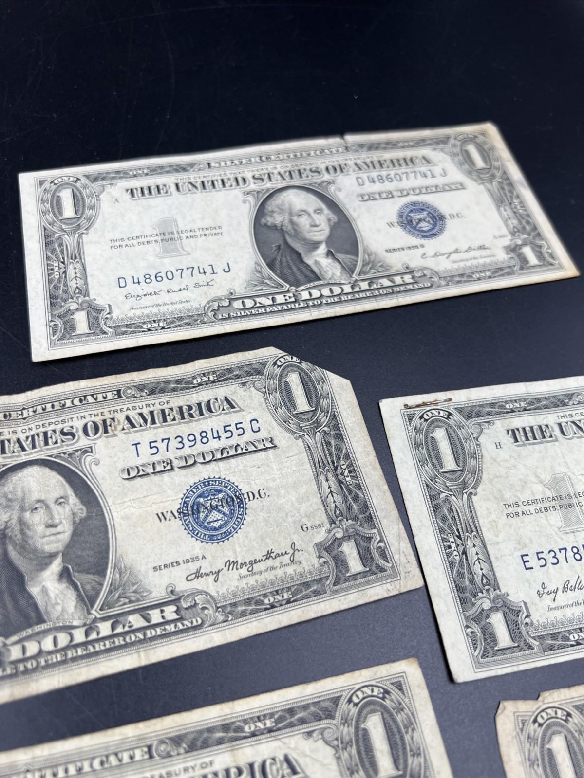 Lot of 7 1935 $1 One Dollar Blue Seal Silver Certificates Very Circ Some Tears #