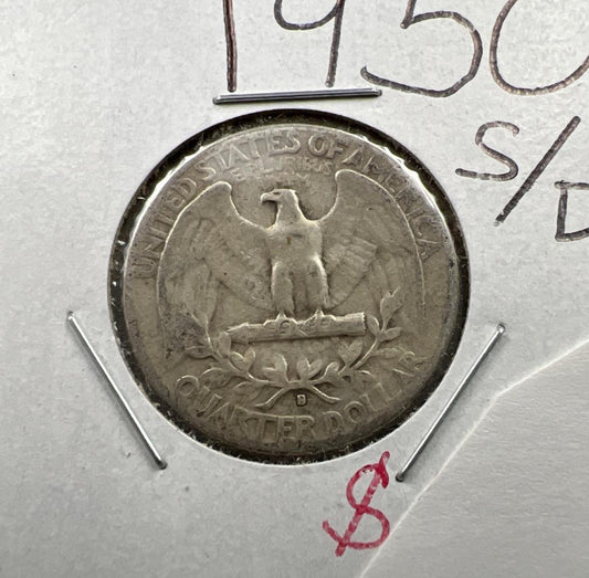 1950 S / D OMM Variety 25c Washington Silver Quarter Coin AG About Good