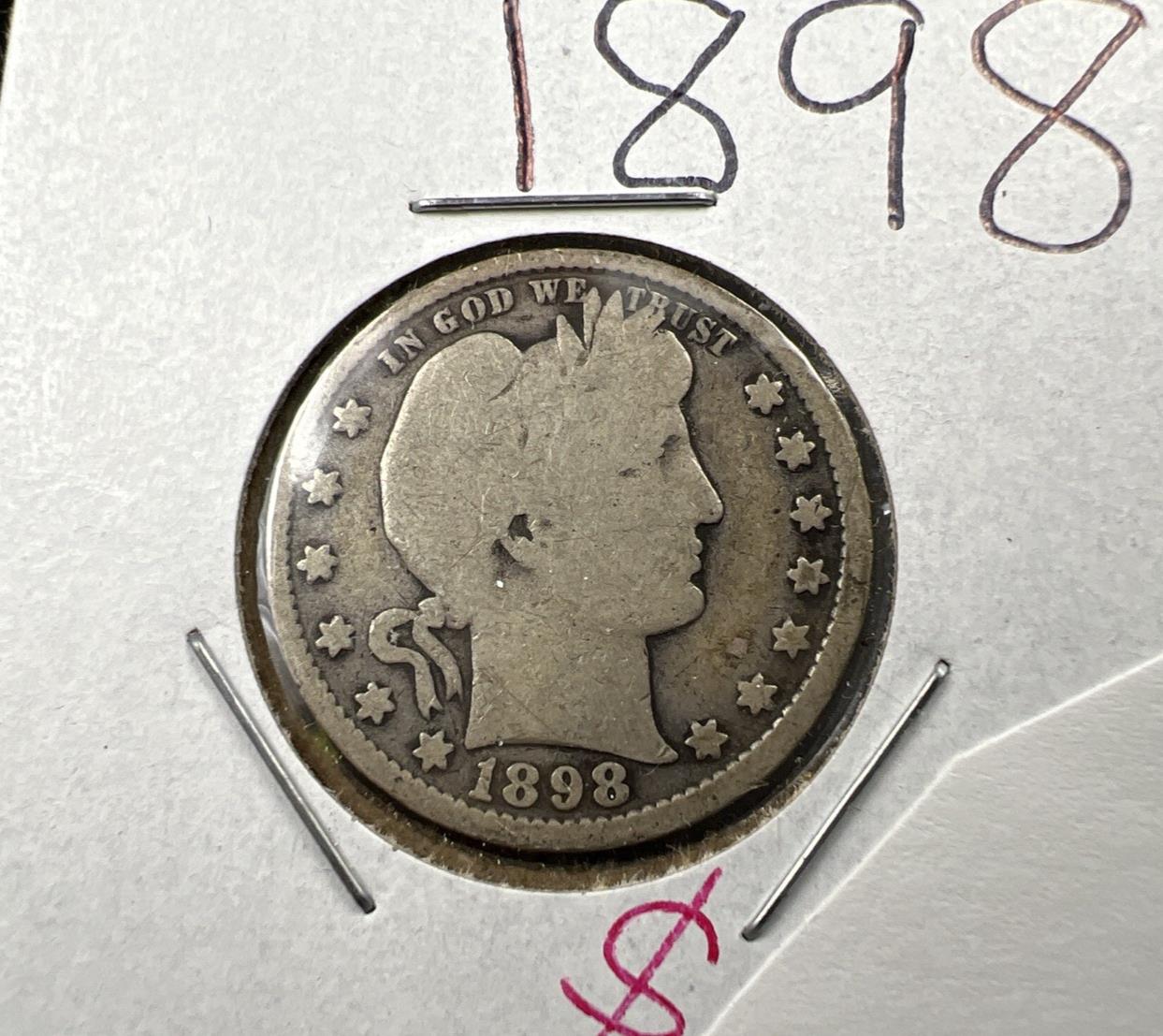 1898 P 25c Barber Silver Quarter Coin Good Circ SKU#A