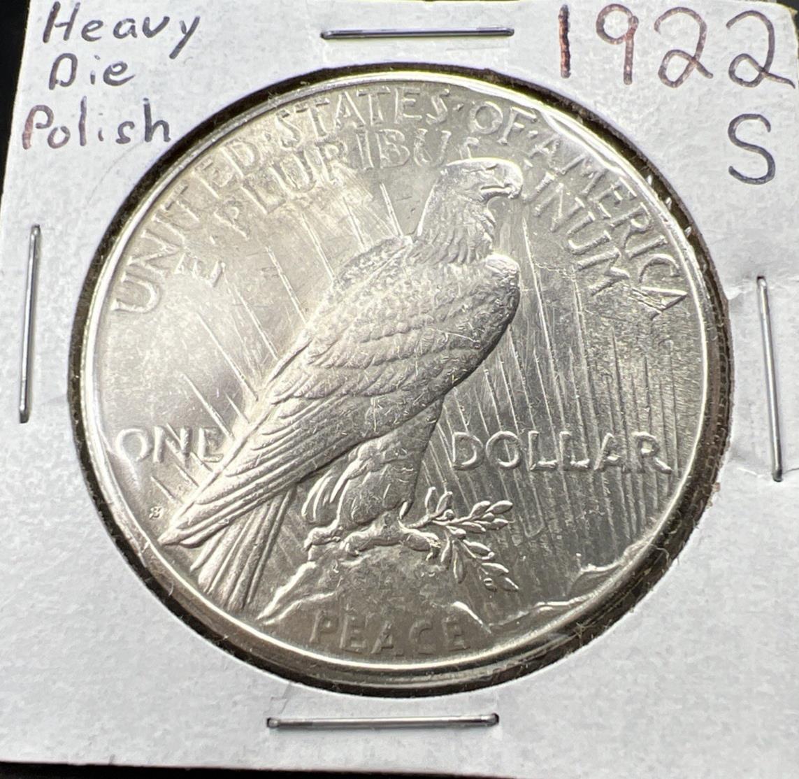 1922 S $1 Peace Silver Dollar Coin CH AU / CU UNC Heavy Die Polish Reverse