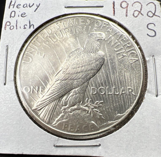 1922 S $1 Peace Silver Dollar Coin CH AU / CU UNC Heavy Die Polish Reverse