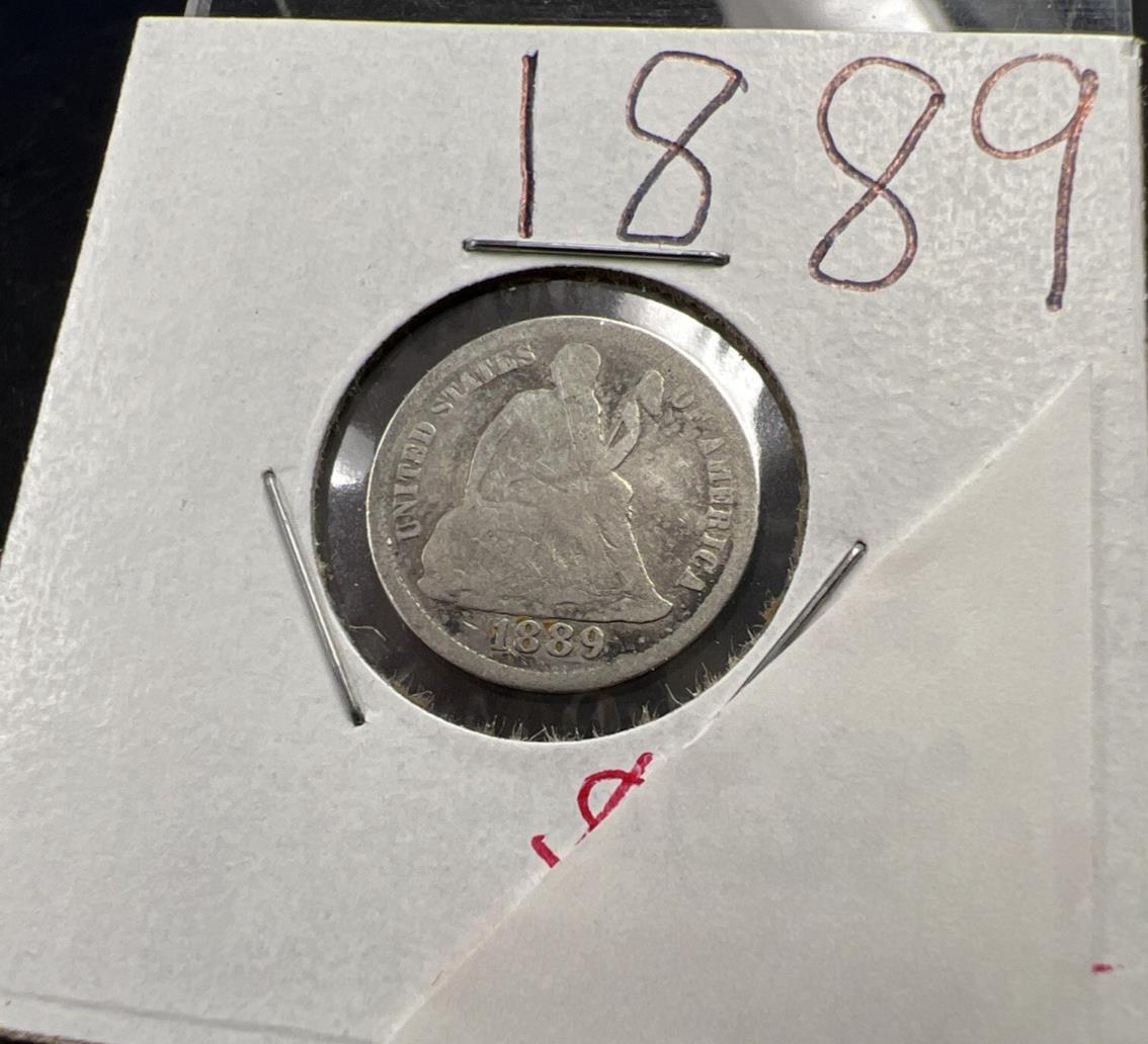1889 10c Seated Liberty Dime Coin Choice AG About Good Circ SK#A
