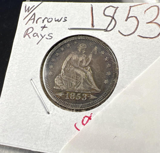 1853 25C Seated Liberty Silver Quarter Coin Choice VF Very Fine Neat Toning
