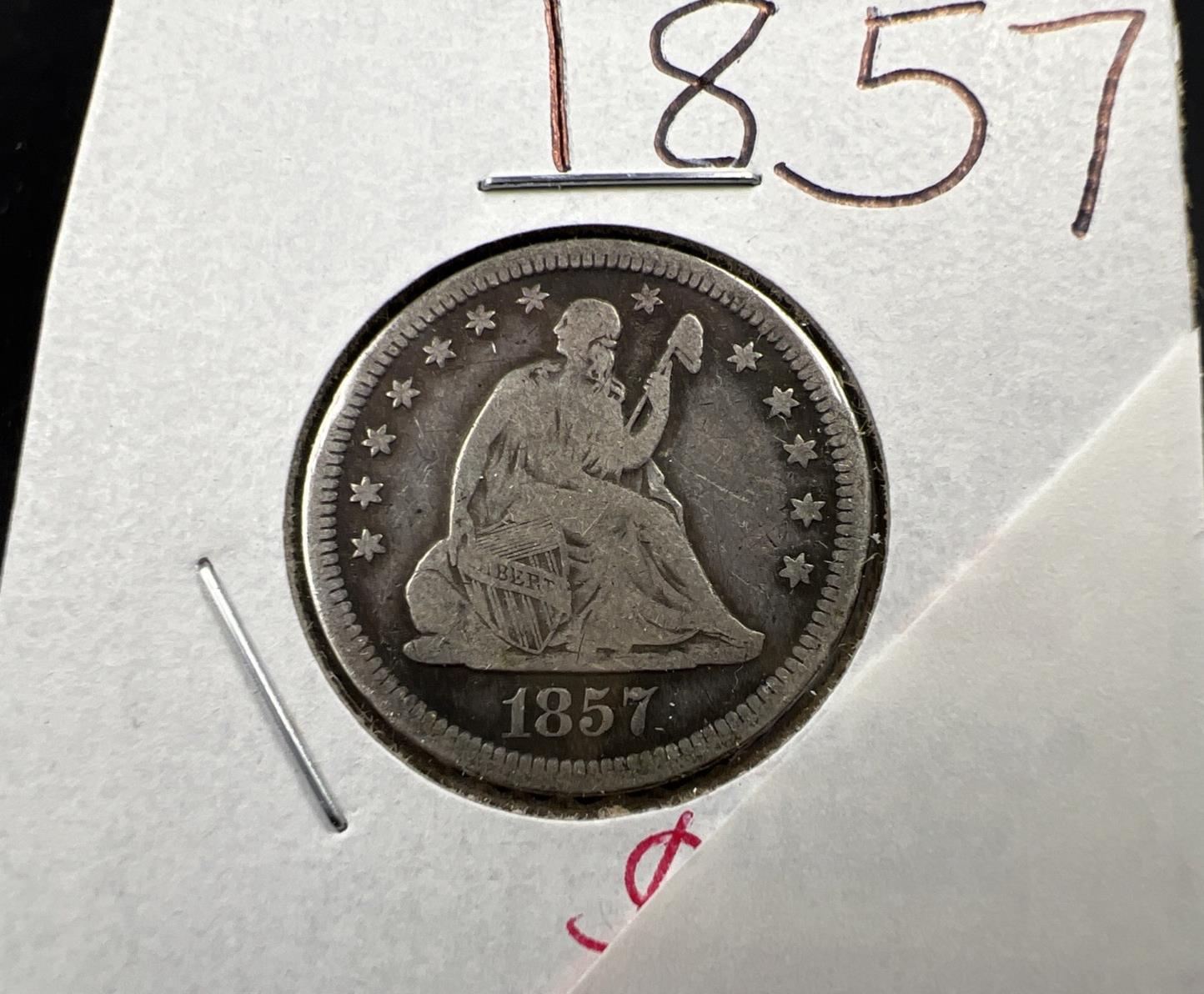 1857 25c Seated Liberty Silver Quarter Coin Fine Circulated