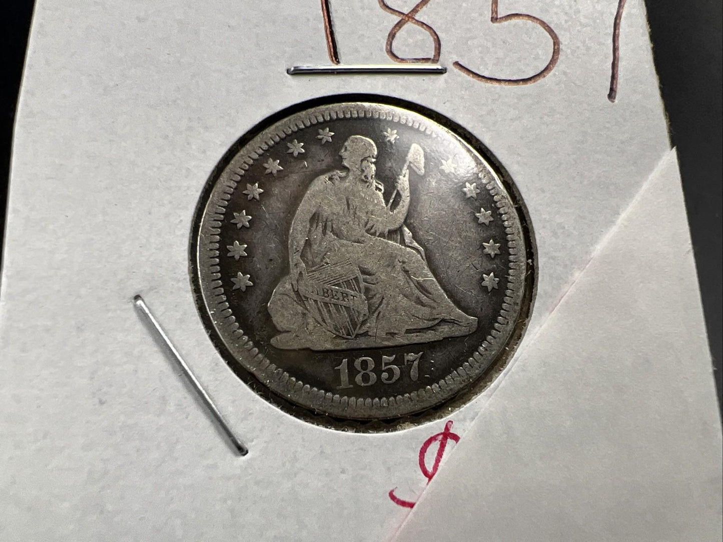 1857 25c Seated Liberty Silver Quarter Coin Fine Circulated