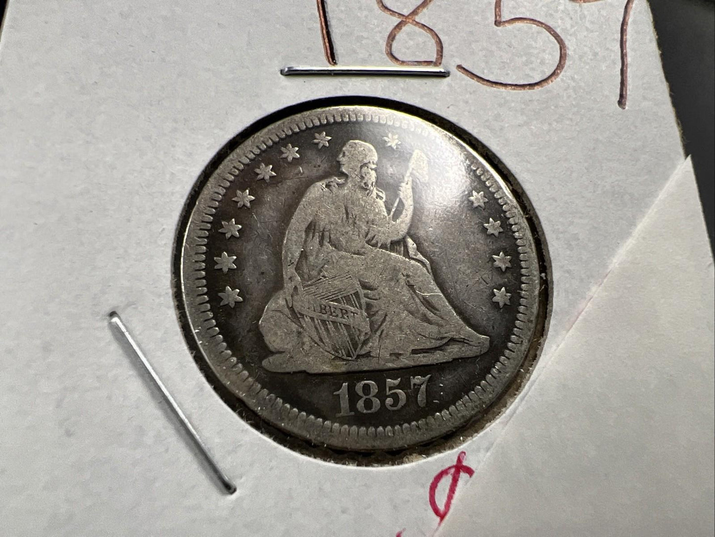 1857 25c Seated Liberty Silver Quarter Coin Fine Circulated
