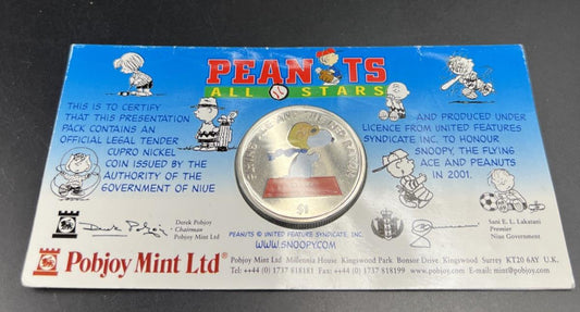 2001 Pobjoy $1 Peanuts Red Baron Dollar Copper Nickel Coin in Display Card