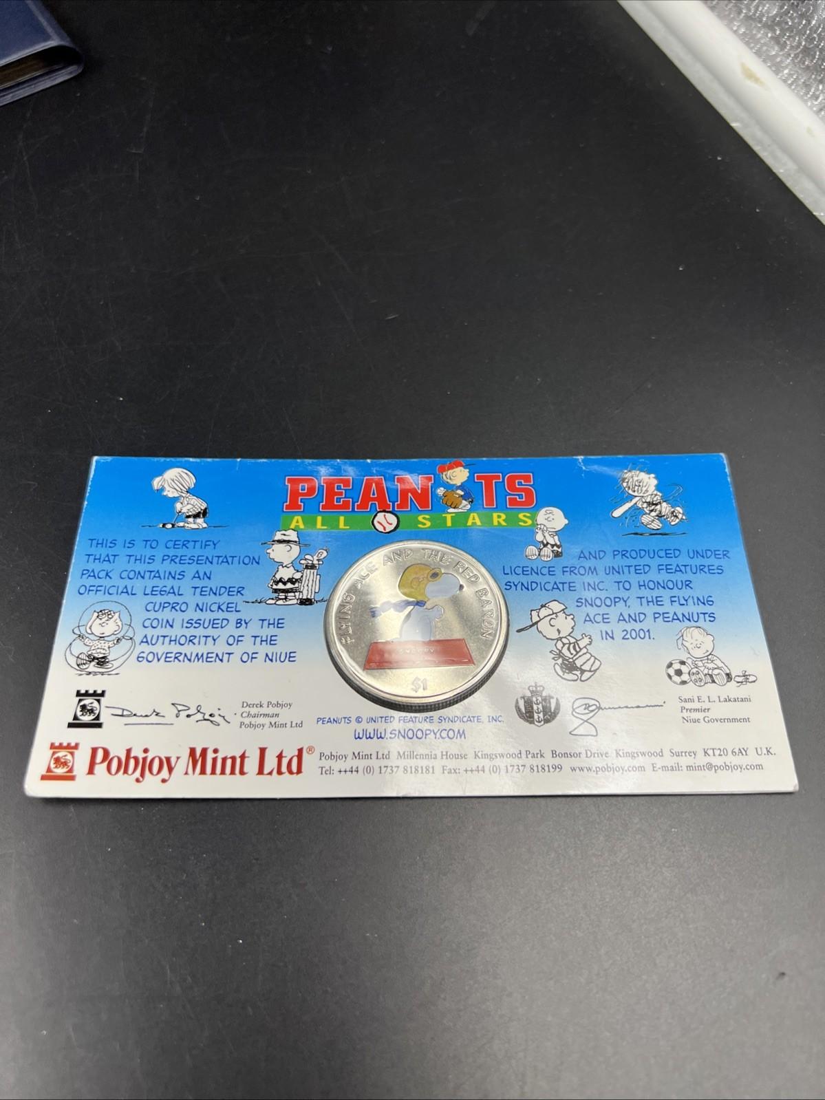 2001 Pobjoy $1 Peanuts Red Baron Dollar Copper Nickel Coin in Display Card