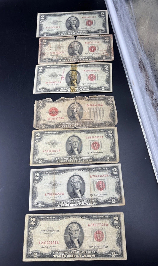 Lot of 7 Cull USN United States Red Seal Notes 1963 1953 1928 Ugly Circulated