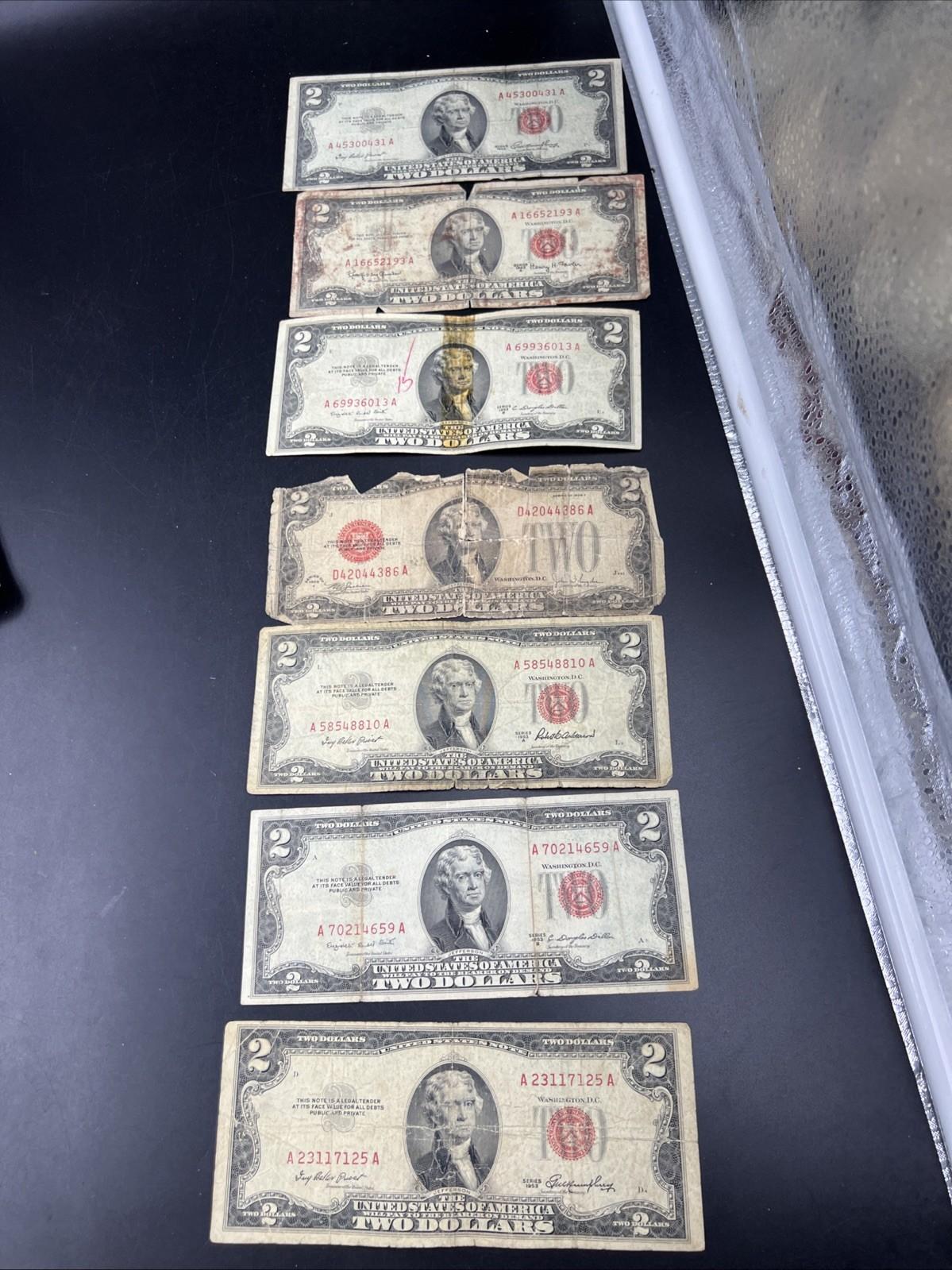 Lot of 7 Cull USN United States Red Seal Notes 1963 1953 1928 Ugly Circulated