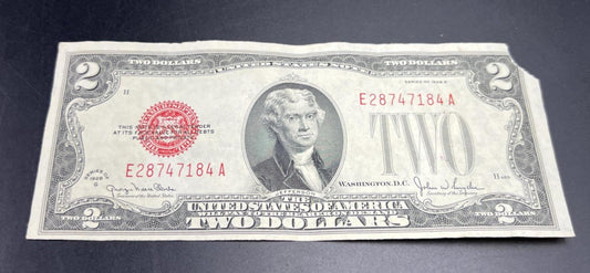 1928 G $2 USN United States Note Red Seal Fine / VF details corner tear #184