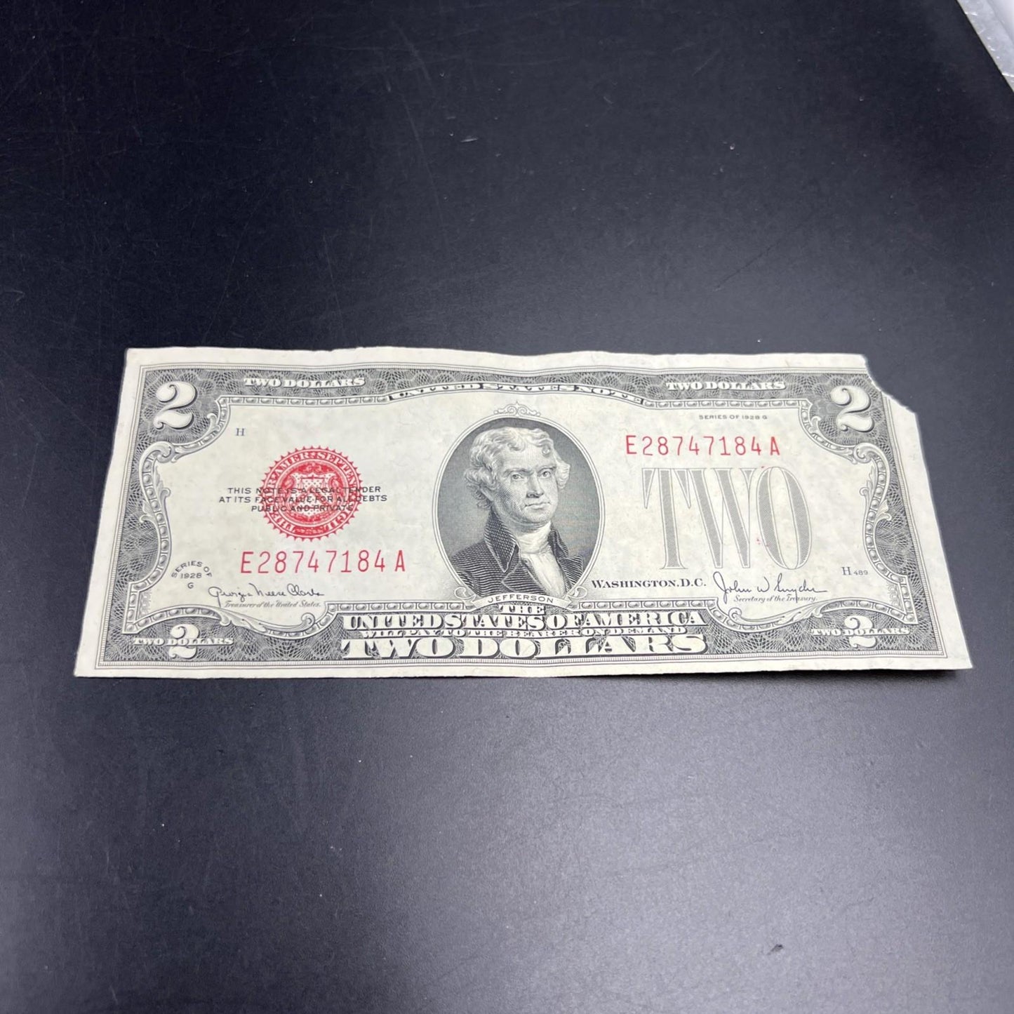 1928 G $2 USN United States Note Red Seal Fine / VF details corner tear #184