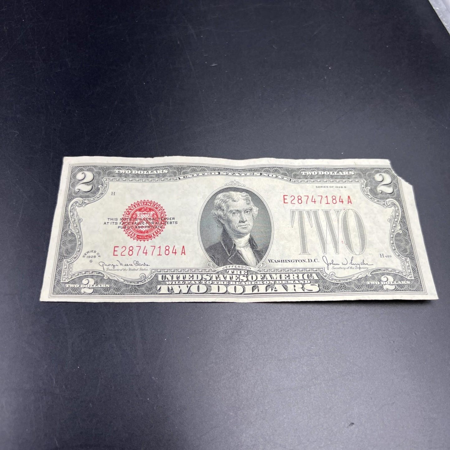 1928 G $2 USN United States Note Red Seal Fine / VF details corner tear #184