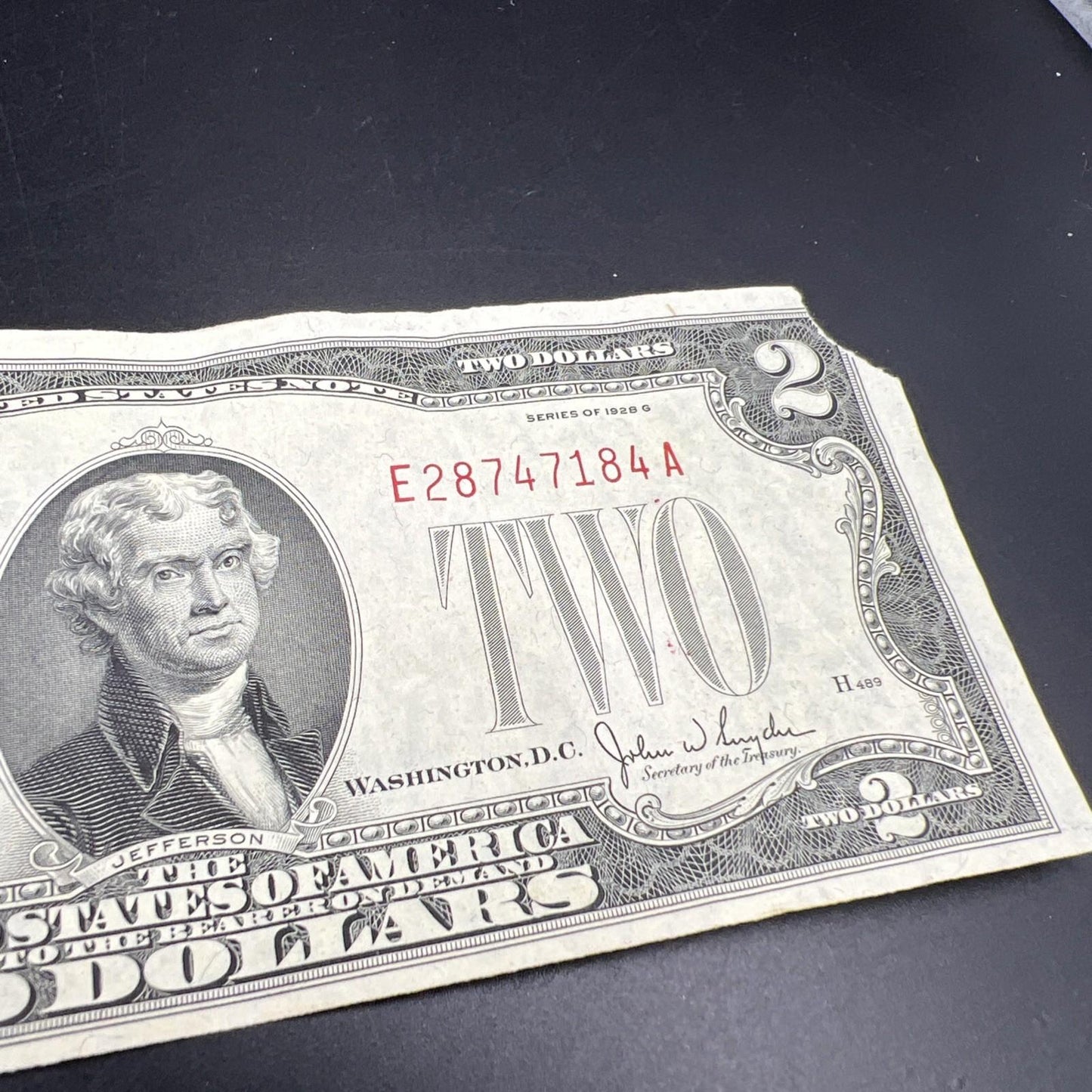 1928 G $2 USN United States Note Red Seal Fine / VF details corner tear #184