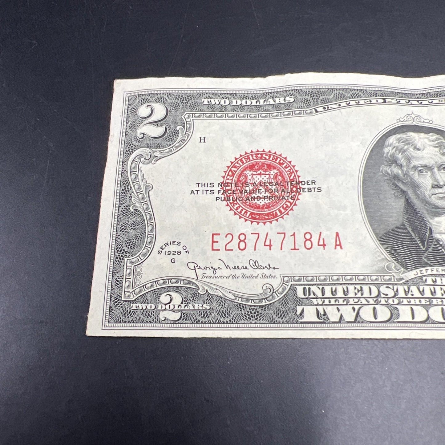 1928 G $2 USN United States Note Red Seal Fine / VF details corner tear #184