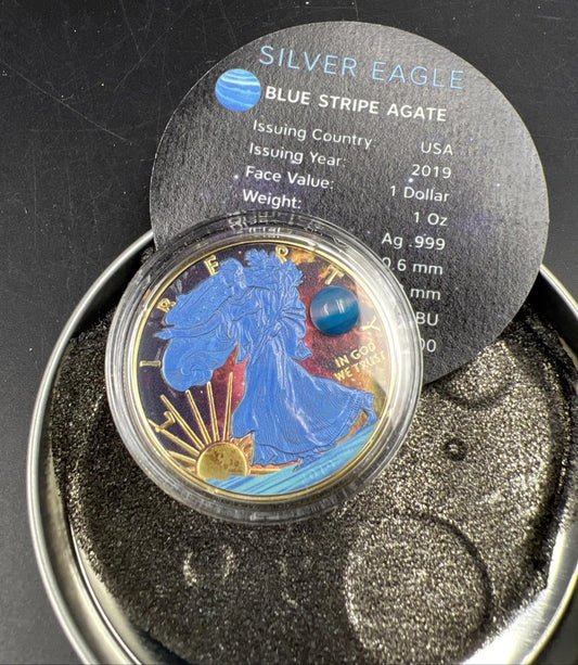 2019 1 Oz ASE American Silver Eagle With Striped Blue Agate Enhancement