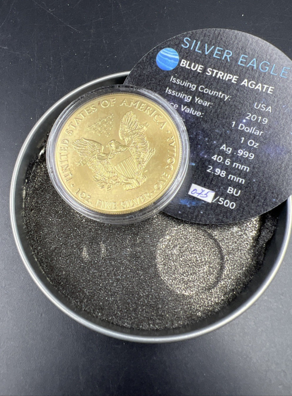 2019 1 Oz ASE American Silver Eagle With Striped Blue Agate Enhancement