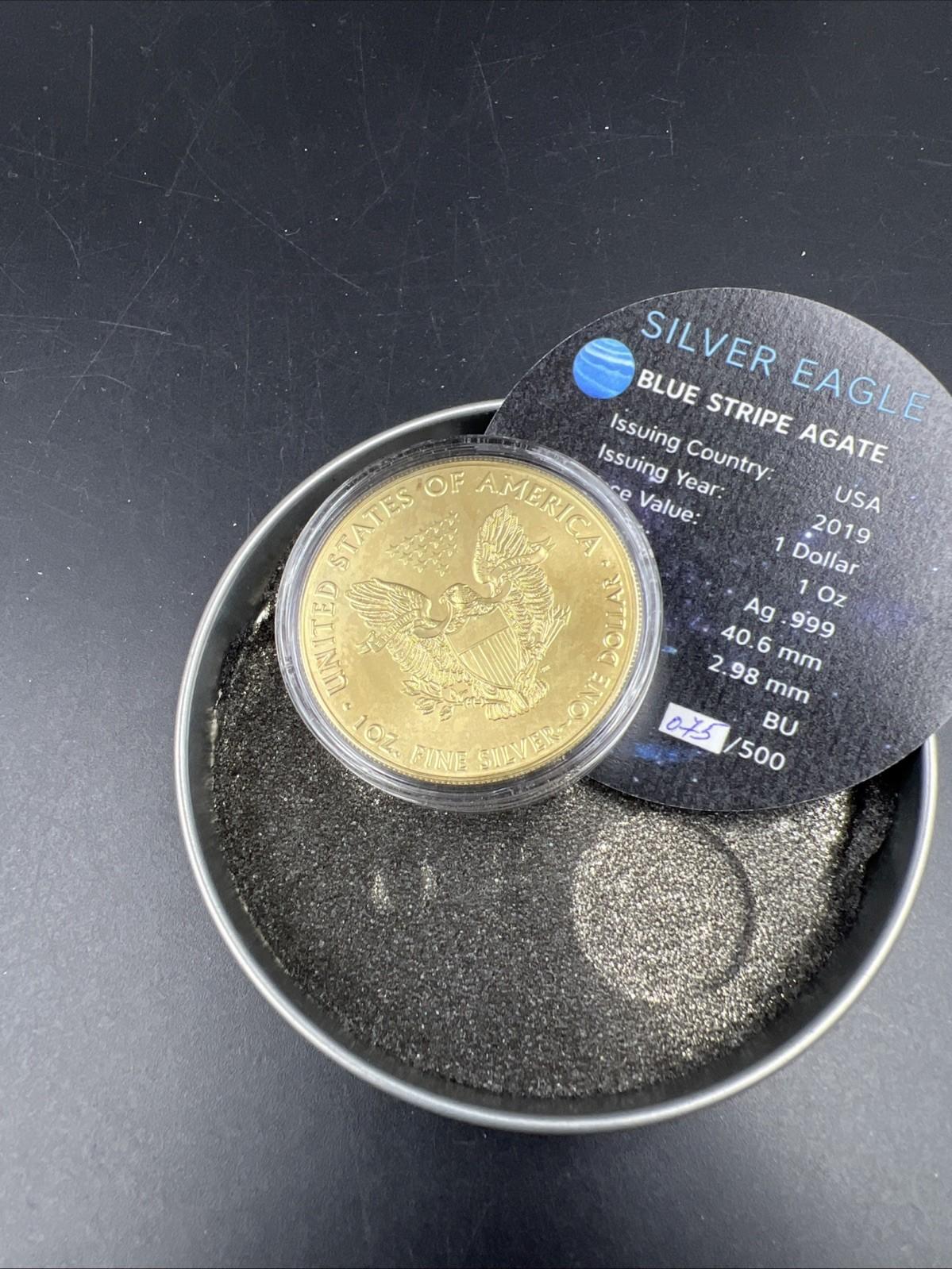 2019 1 Oz ASE American Silver Eagle With Striped Blue Agate Enhancement