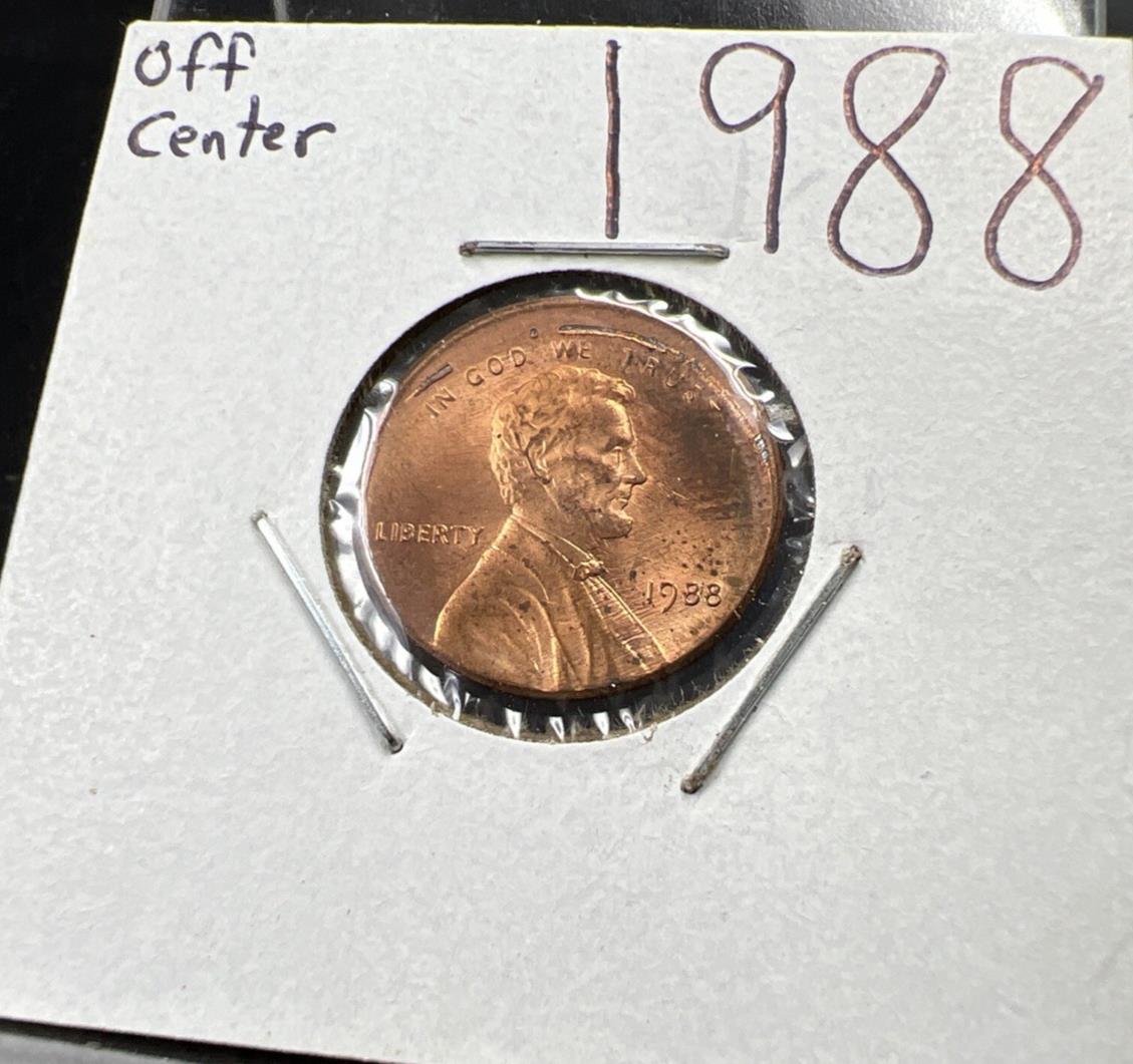1988 1c Lincoln Memorial Cent Penny 5% Off Center Error BU UNC SKU#Z Toning