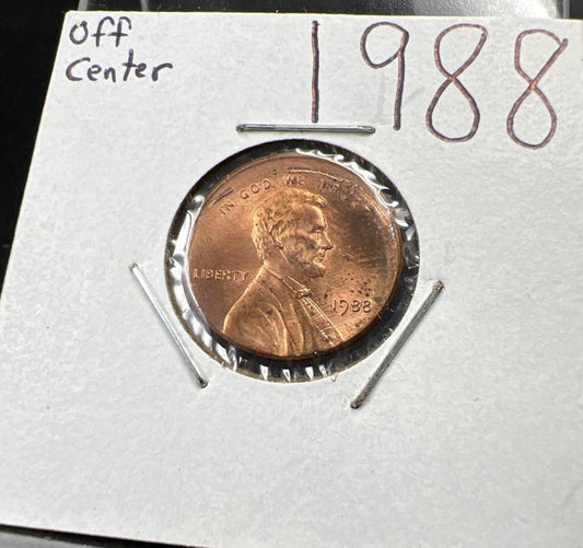 1988 1c Lincoln Memorial Cent Penny 5% Off Center Error BU UNC SKU#Z Toning