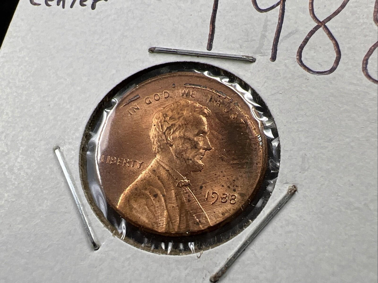 1988 1c Lincoln Memorial Cent Penny 5% Off Center Error BU UNC SKU#Z Toning