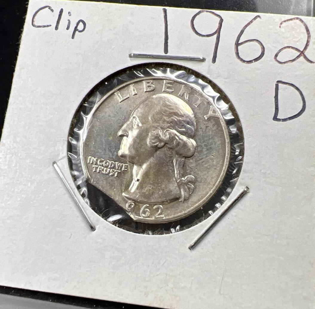 1962 D 25c Washington Silver Quarter Coin Clipped Planchet Error BU UNC