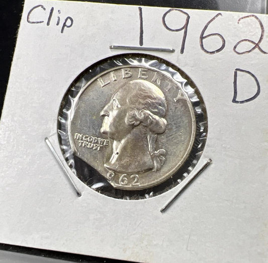 1962 D 25c Washington Silver Quarter Coin Clipped Planchet Error BU UNC