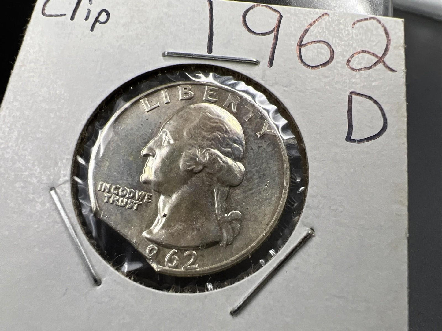 1962 D 25c Washington Silver Quarter Coin Clipped Planchet Error BU UNC